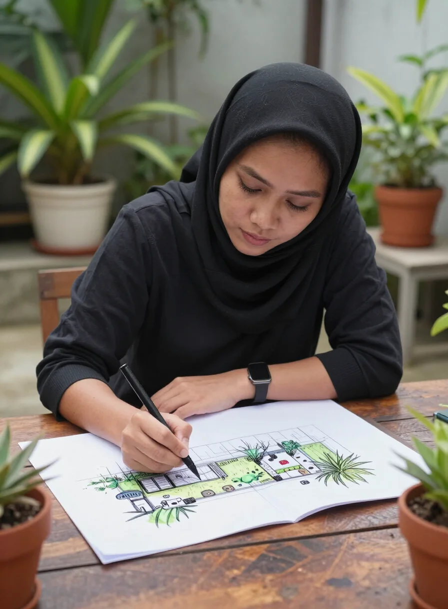 Desainer lanskap JoyPlant menggambar denah taman